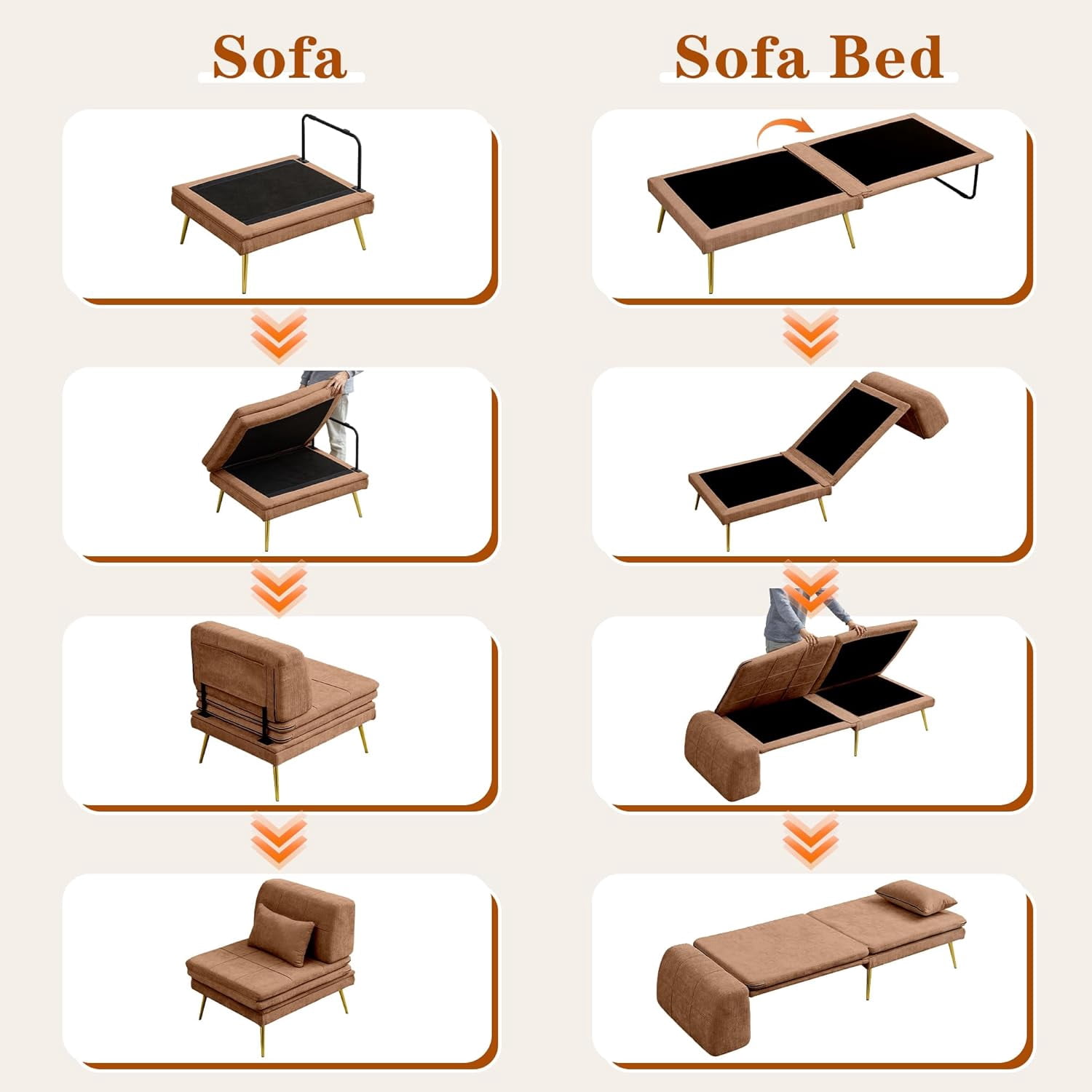 Akaber 3-in-1 Futon Sofa Bed, Chenille Sleeper Chair with Back Support & Pillow, Wood Frame, Metal Legs