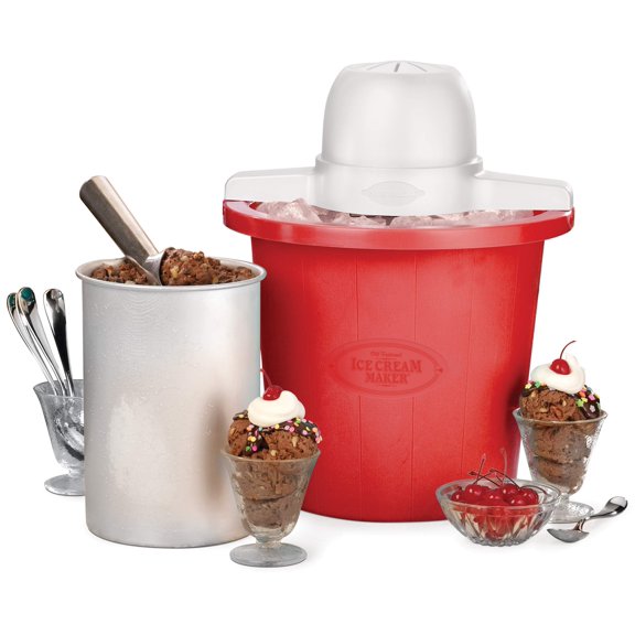 Nostalgia ICMP4RD Máquina para hacer helados eléctrica con cubeta de 4 cuartos, color rojo