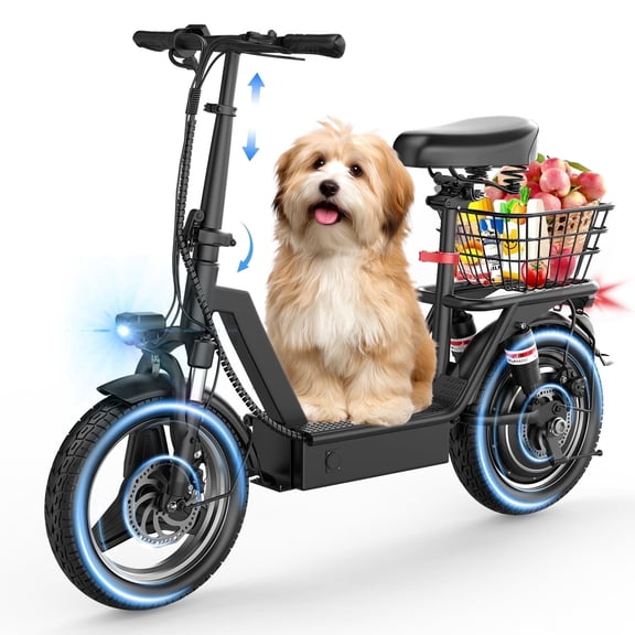 Adult Electric Scooter with Seat, 300 LBS Max Load, Pet Friendly Folding E Scooter with Rear Basket, 650W Peak Motor, 48V 15AH Battery, 25MPH 30 Miles Range Commuter Scooter, UL2272 Certified
