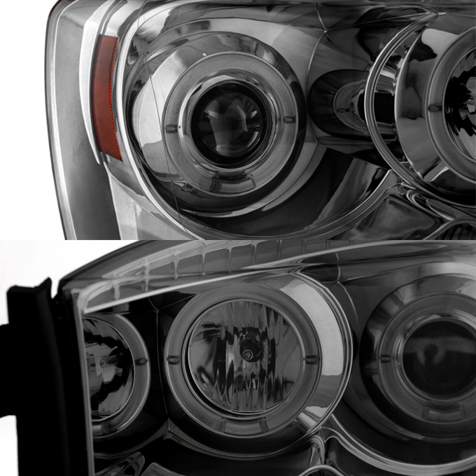For 06-08 Dodge Ram 1500/2500/3500 Pickup Smoked Dual Halo Projector  Headlights