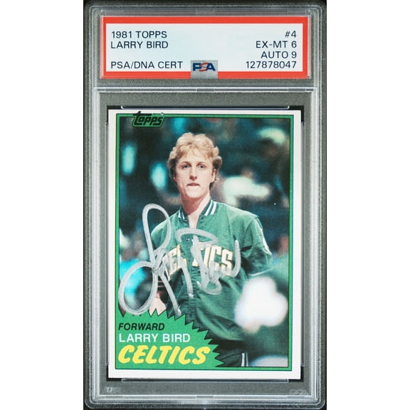 Larry Bird 1981 Topps Signed Basketball Card #4 Graded PSA 6 Auto 9 Cert #127878047