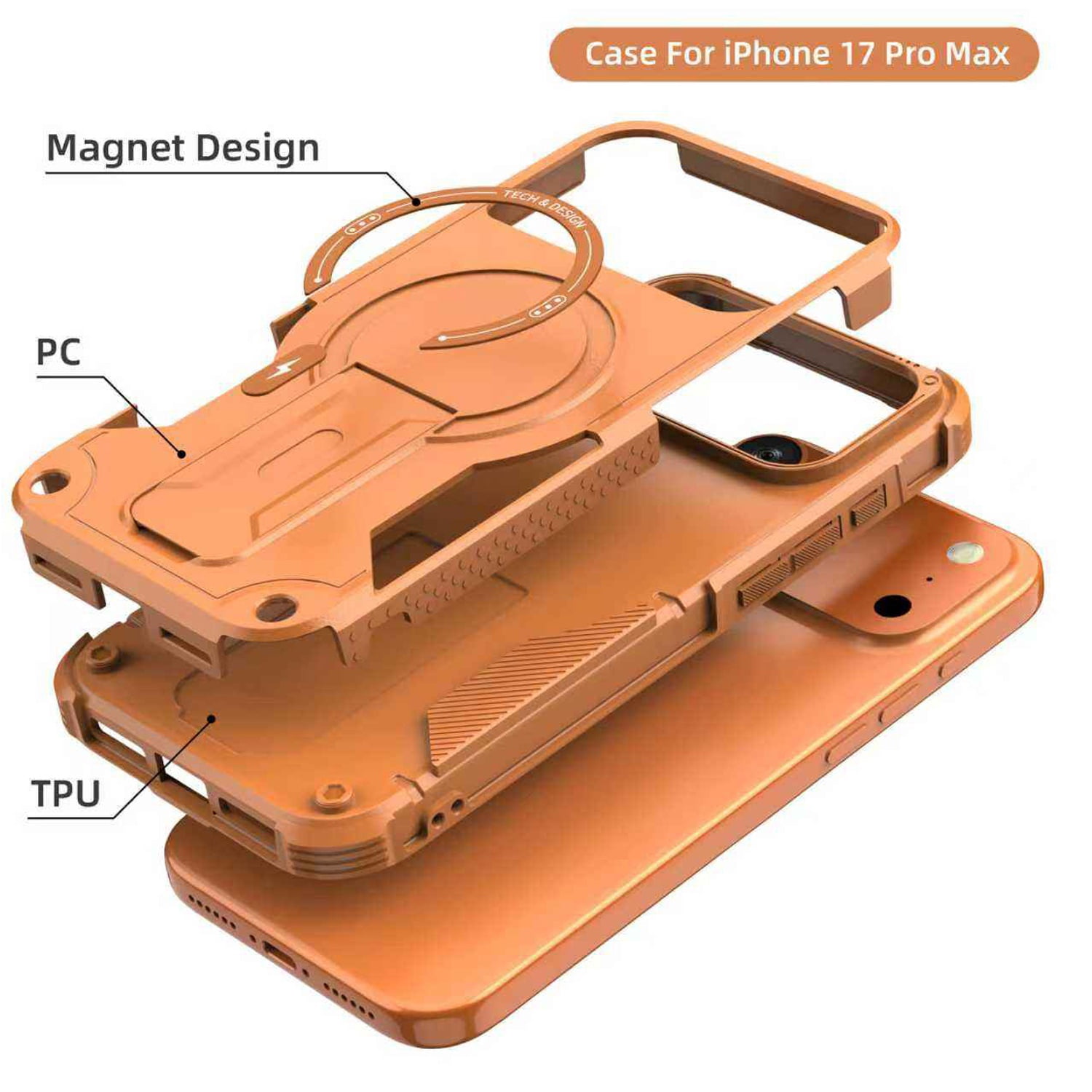 Durable Magnetic Kickstand Case for iPhone 17 Pro Max Shockproof Design - Orange