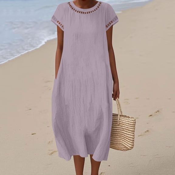 Ynynloco Summer Dress for Women Crew Neck Short Sleeve Solid Basic Open Neckline T-Shirts Casual Midi Dresses with Pockets