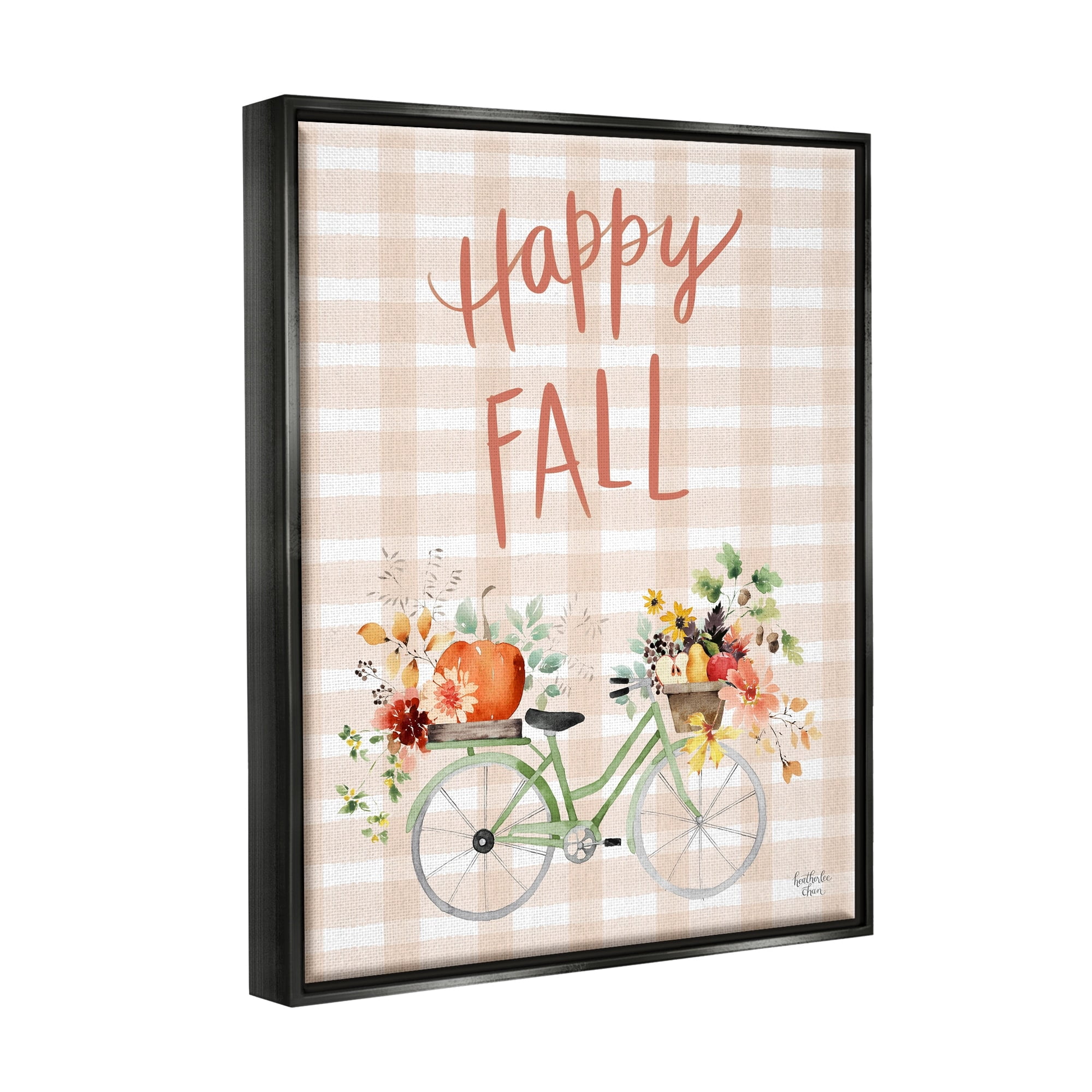 Stupell Industries Happy Fall Plaid Seasonal Flowers Blooming Bicycle Graphic Art Jet Black Floating Framed Canvas Print Wall Art, Design by Heatherlee Chan