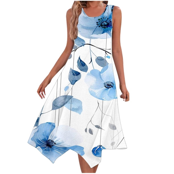 Ladies Summer Tops Impreso sin Mangas Cuello Redondo Vestido Casual para Uso Diario Y Casual
