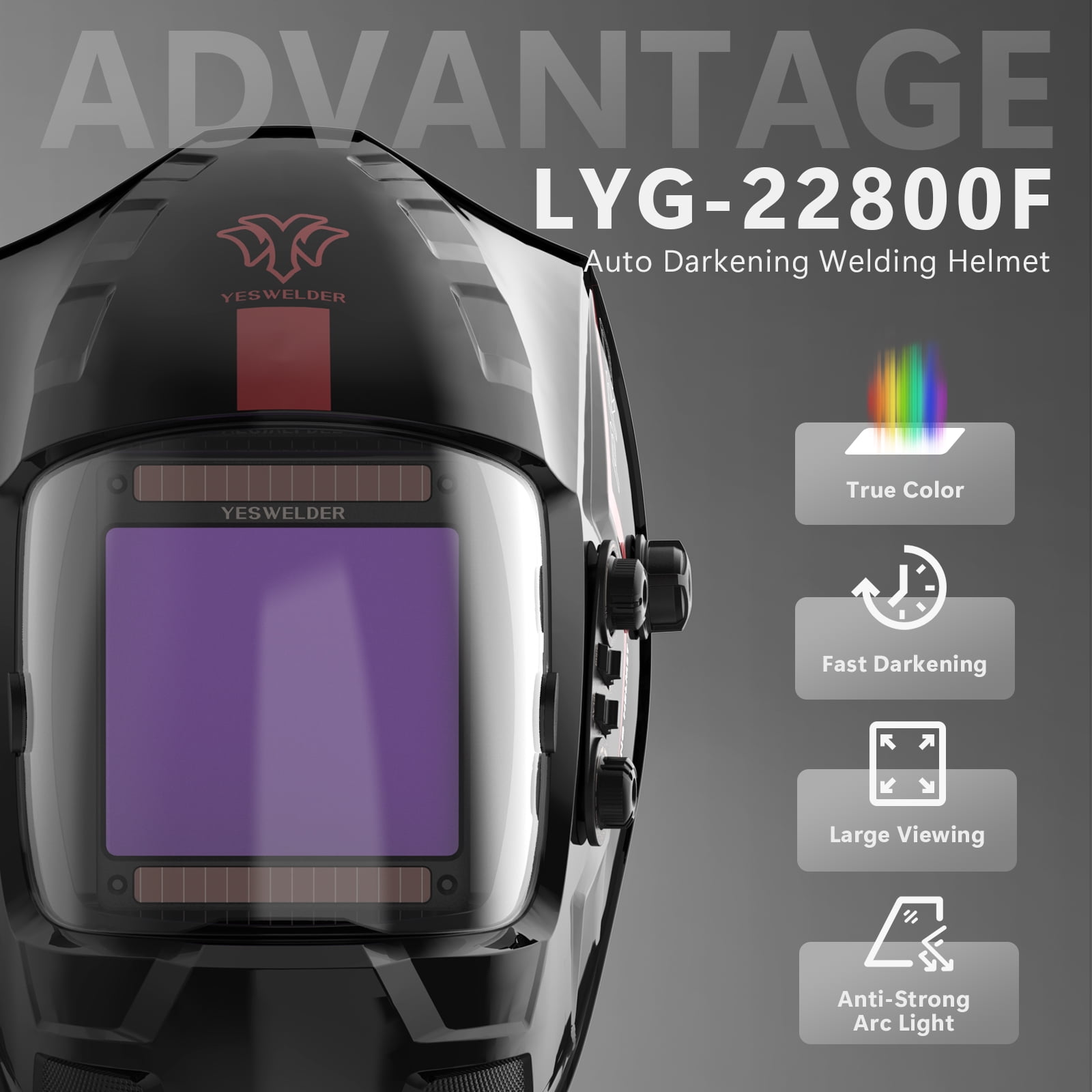 YESWELDER True Color Auto Darkening Welding Helmet, Hemispherical Lens, Large View, Battery Powered, 4 Arc Sensors, Shade 4~5/9–9/13 for TIG MIG Stick Grind Cut