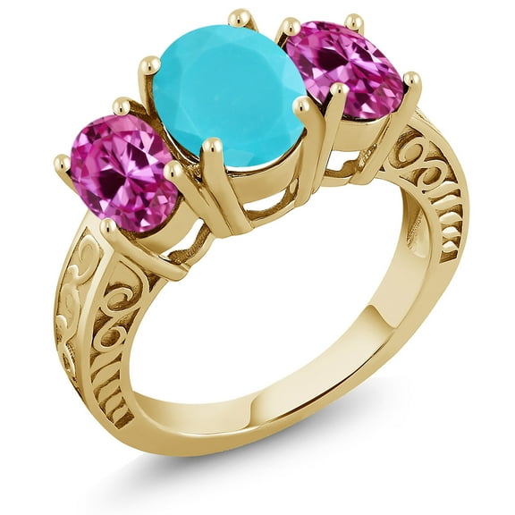 Gem Stone King 3.30 Ct Green Turquoise Pink Created Sapphire 18K Yellow Gold Plated Silver Ring (Size 9)