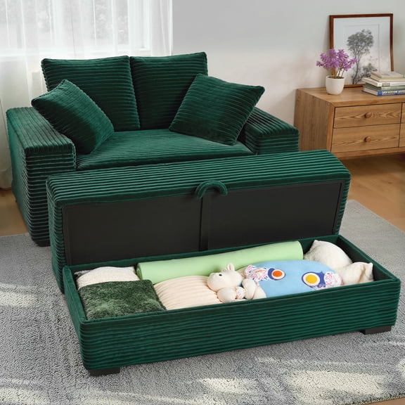 Advwin Oversized Corduroy Chaise Lounge Chair with Storage Ottoman & Pillows, Modern Deep-Seat Accent Chair Sofa for Living Room, Bedroom, Small Spaces, Green