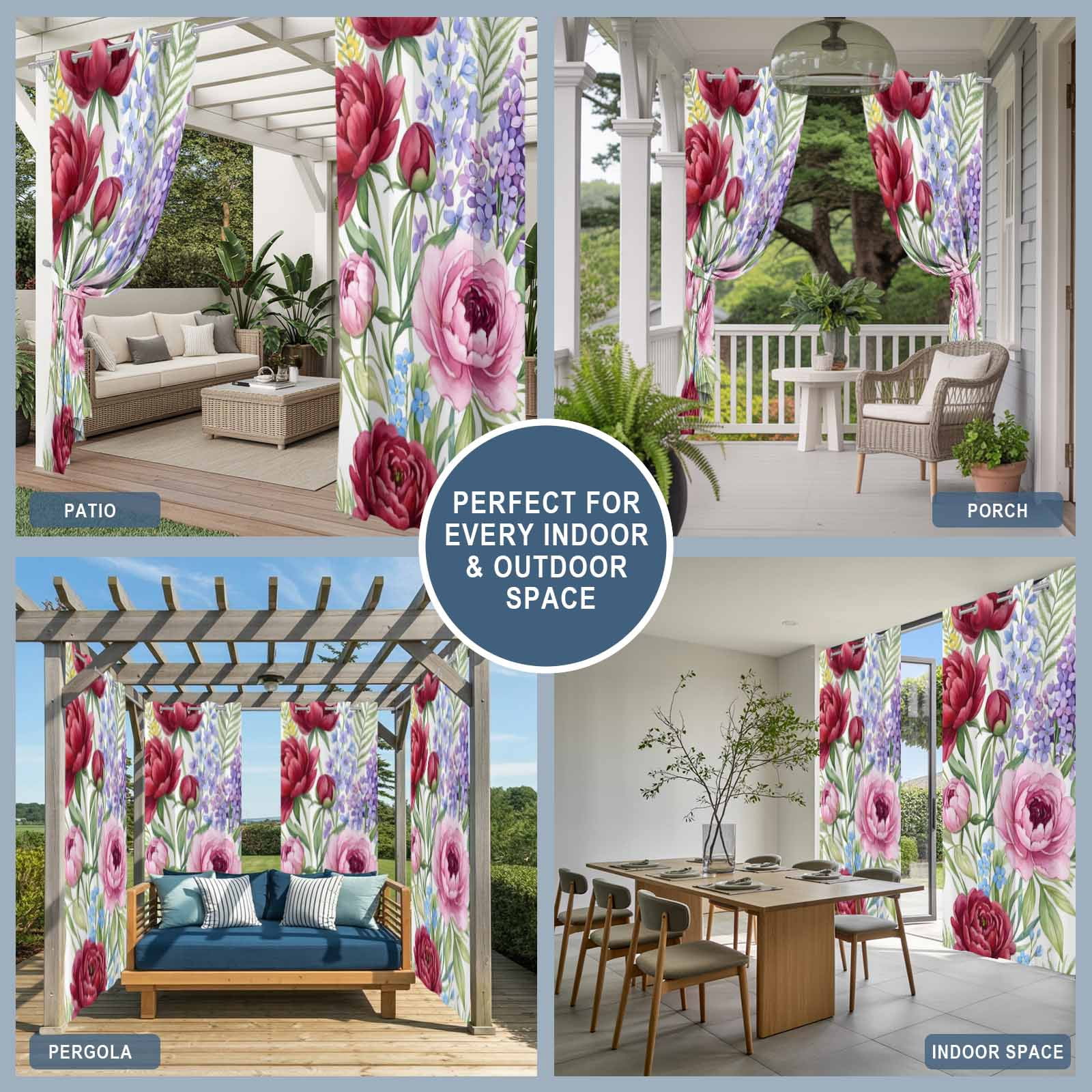 Pink Red Floral Outdoor Curtains for Patio, Country Watercolor Pink Purple Red Flowers Sunshade Privacy Drapes Grommet Waterproof Outside Curtains for Porch/Cabana/Balcony 54"x 108", 1 Panel