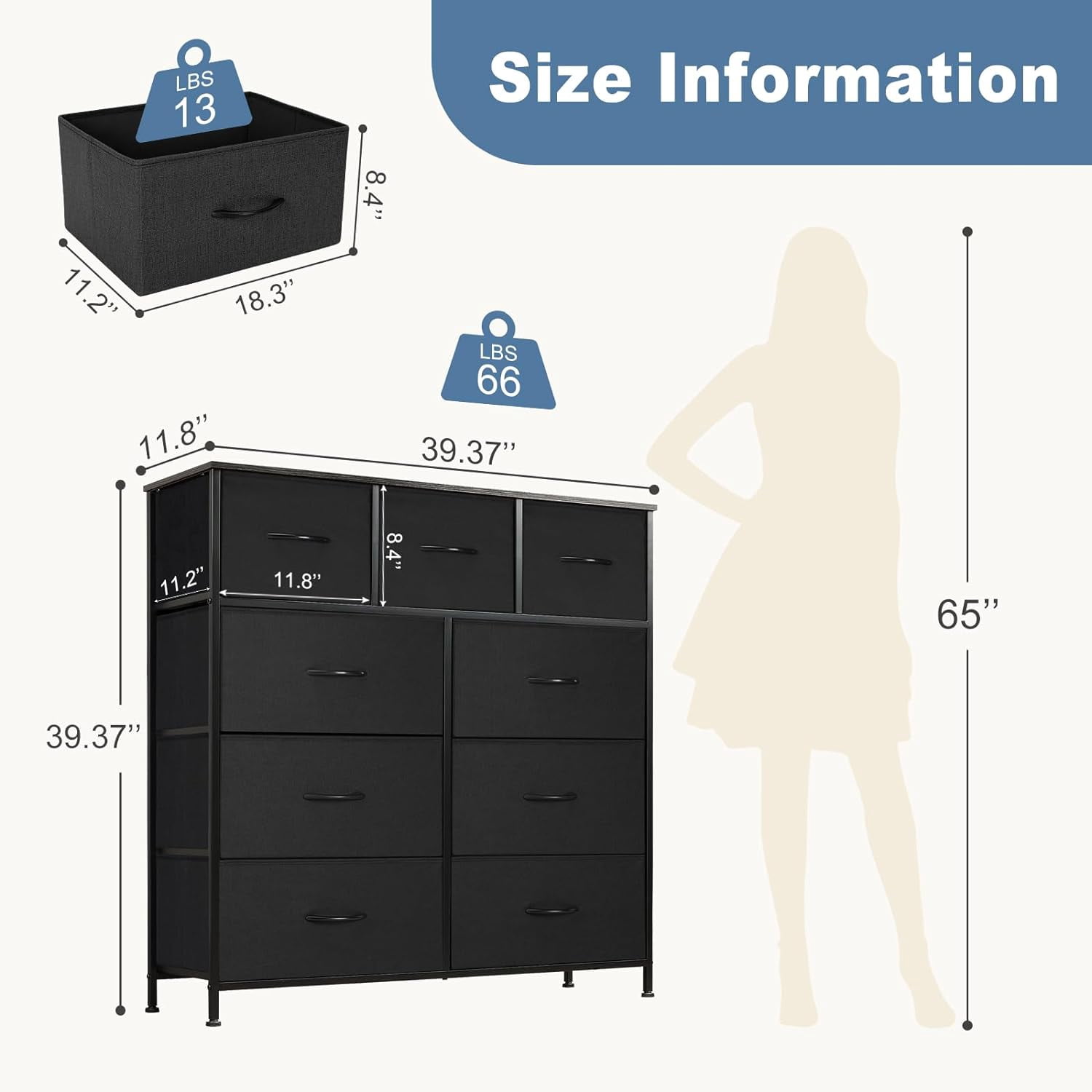 Dresser for Bedroom, Storage Organizer with 9 Drawers, Chest of Drawers with Fabric Bins, Sturdy Metal Frame, Wood Tabletop for Guest Room, Closet, Entryway, Nursery,Black