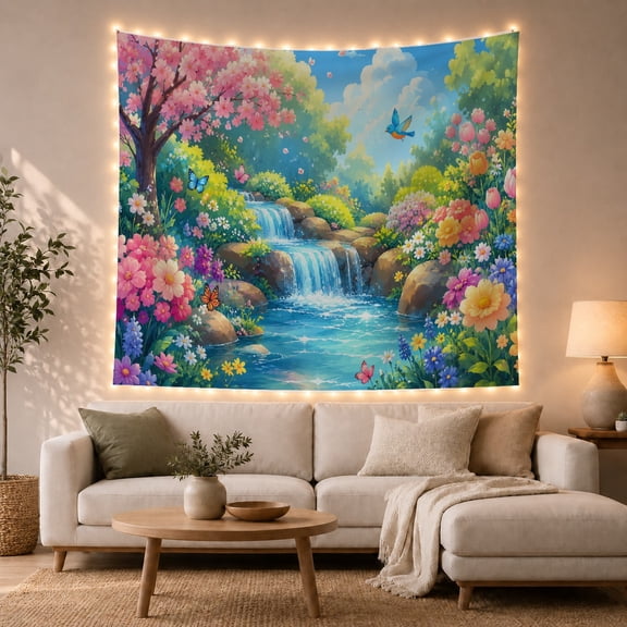 Cascading Waterfall with Cherry Blossoms in a Lush Garden, Whimsical Watercolor for Nature Lovers, Botanical Wall Art, Housewarming Gift, Tapestry Wall Hanging for Bedroom and Living Room