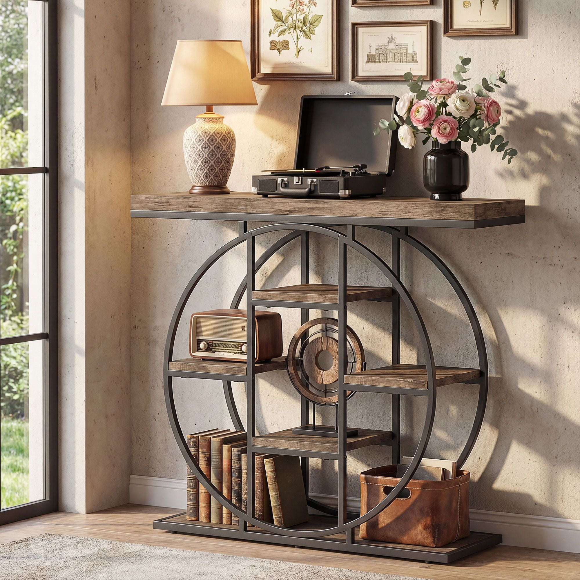 Industrial Entryway Console Table with 6 Open Storage Shelves, Rustic Oak & Round Black Metal Frame, Anti-Tip Kit Adjustable Feet Sofa Table for Hallway Living Room