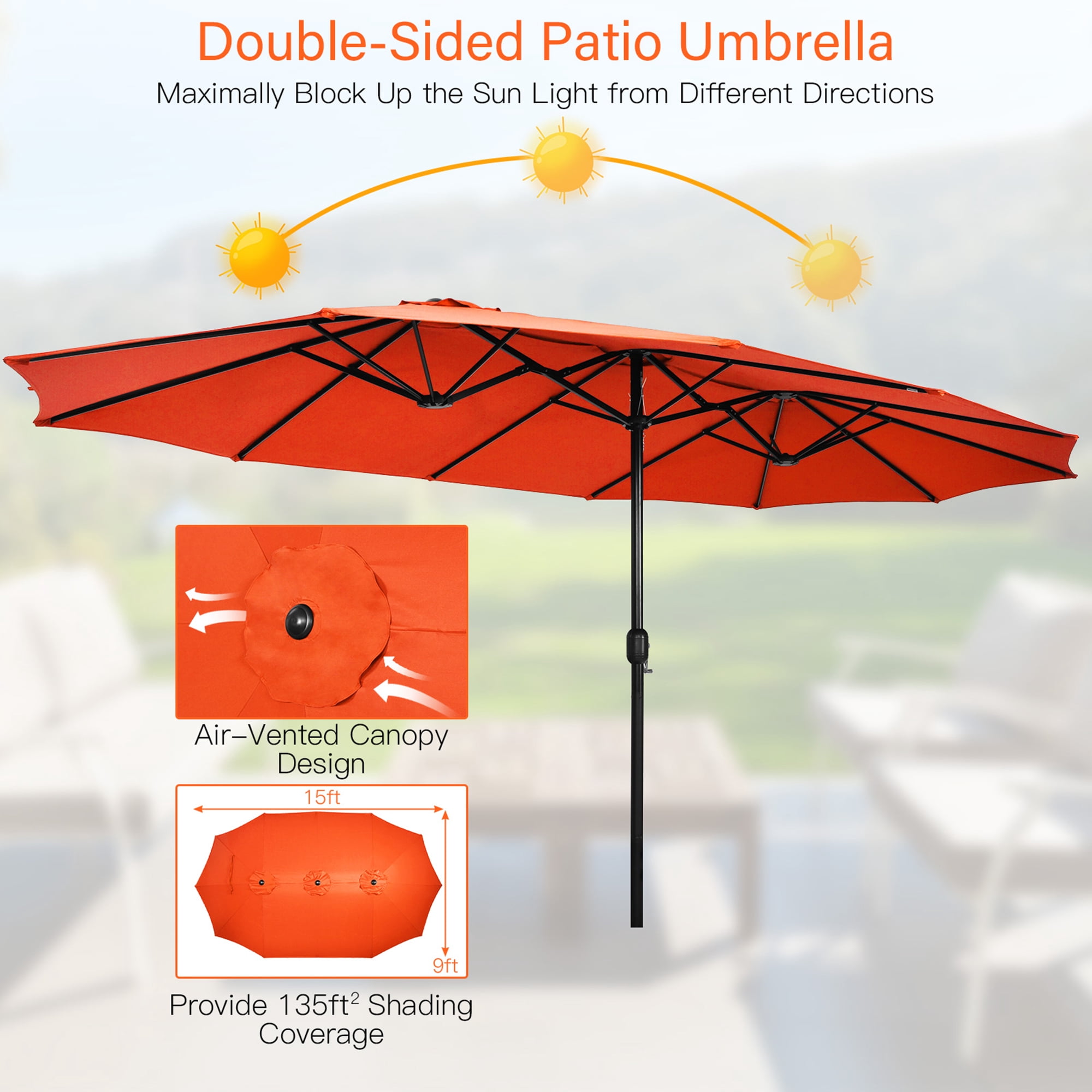 Gymax 15 ft Double-Sided Patio Twin Umbrella Extra-Large Market Umbrella w/ Base Orange