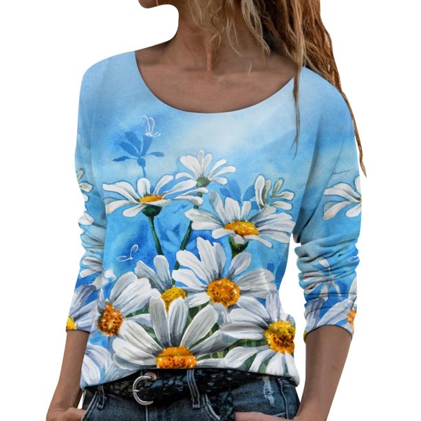 Camisas Para Mujer, Camisetas de Gran Tamaño, Manga Larga, Cuello Redondo, Estampado de Flores, Blusa Odeerbi ODB133696