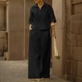 thumbnail image 6 of Feancey Vacation Outfits for Women 2 Piece Set Linen Short Sleeve Laplel V Neck Top and Elastic Waist Pant Lounge Sets Solid Color Loose Travel Outfit with Pockets Black L, 6 of 10