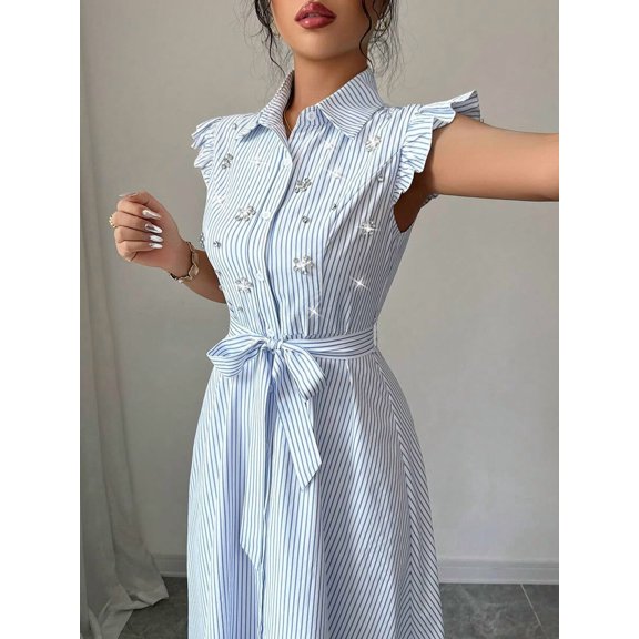 Blue And White Striped Shirt Dress With Ruffle Sleeves, Crystal Embellishments, And Self-Tie Waist