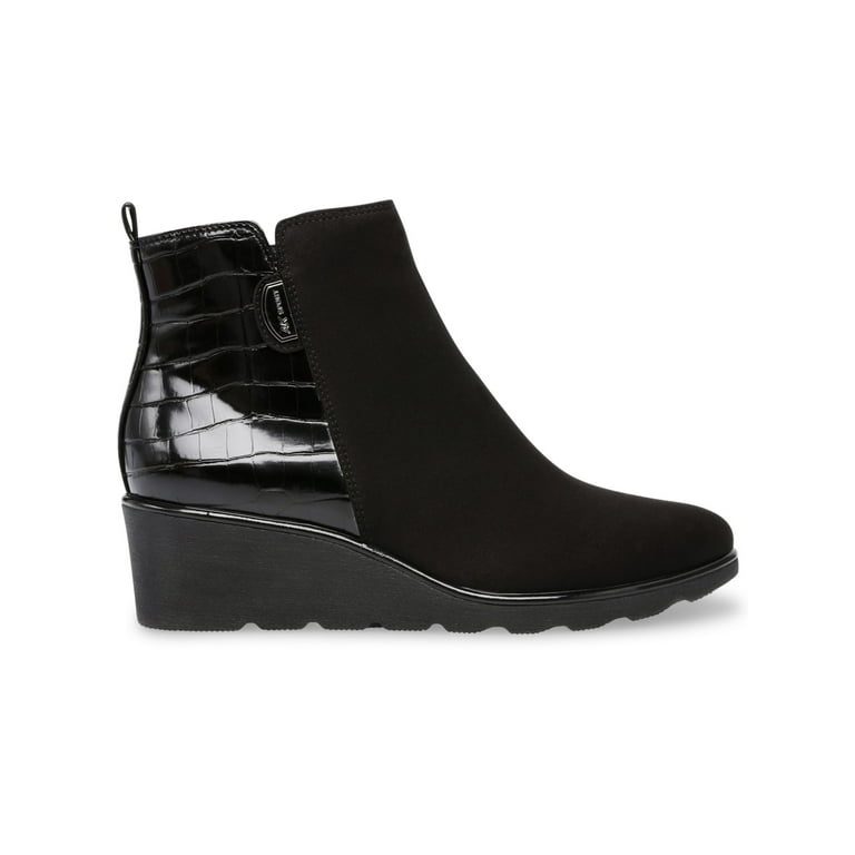 AK SPORT Womens Black Mix Textures Wedge Zip Up Dress Booties 5 M
