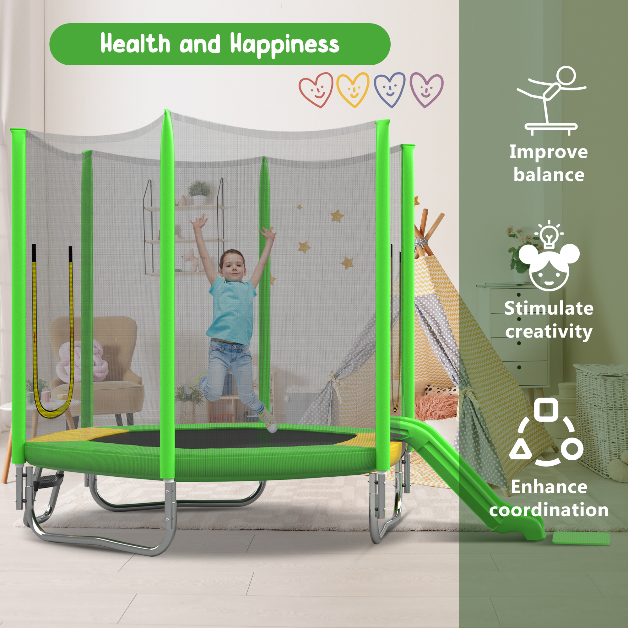 Arspjes 7FT Trampoline for Kids,Outdoor Recreational Trampolines with Safety Enclosure Net,Mini Trampoline with Slide and Ladder,Green