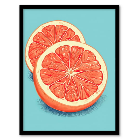 Sliced Grapefruit Duotone Painting Vibrant Blue Orange Kitchen Artwork Art Print Framed Poster Wall Decor 12x16 inch