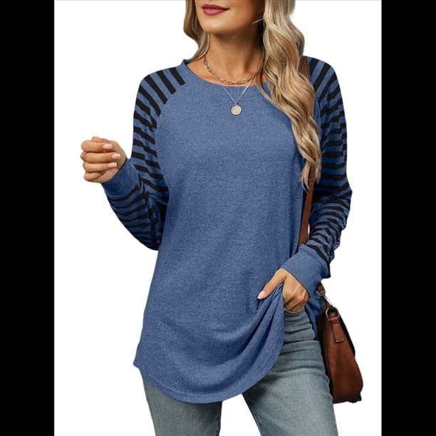Blusas Tipo Túnica A Rayas para Mujer, Camisas Casuales de Larga, Jersey de Cuello Redondo. Azul L