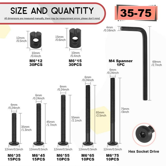 GHRTGR-M6 120Pcs Black Hex Socket Head Screws Bolts Barrel Nuts Hardware Assortment Kit for Crib Baby Bed Furniture Cots and Chairs (35mm/45mm/55mm/65mm/75mm-Assortment Kit)