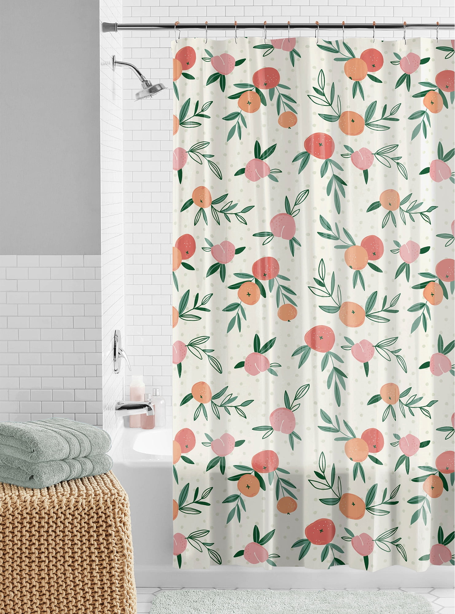 Mainstays Waterproof Peaches 30% Recycled PEVA Shower Curtain Set & Hooks, 13-Piece, Orange, Yellow