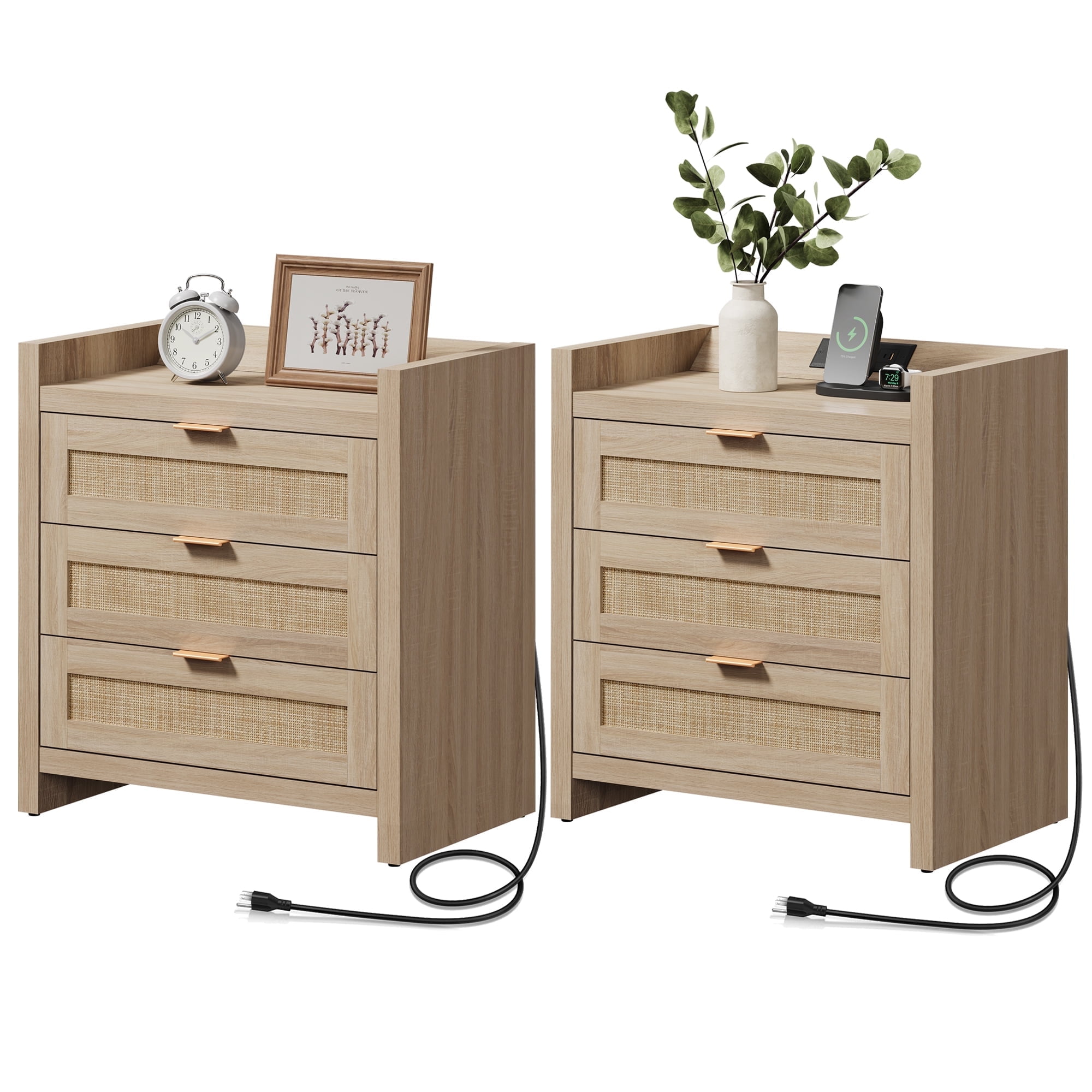 SICOTAS 26.57"H Tall Boho Night Stands Set 2 with Charging Station, Rattan Farmhouse Nightstands with 3 Drawers and Type-c Ports End Table Bed Side Table for Bedroom Enrtyway Livingroom,Light Oak