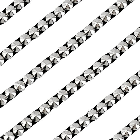 2.5 Yards/2.3m Hot Fix Nailhead Trim 8mm Sliver Metal Iron-on Nailhead Trim with Black PU Leather Base Pyramid Stud Nailhead Applique Trim for DIY Clothes bag