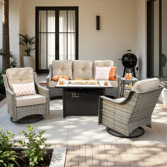 Odelio 5-Piece Wicker Patio Furniture Set, High-Back Outdoor Conversation Set with 42" Fire Pit Table & Swivel Chairs, All-Weather PE Rattan Patio Sofa Seating for Backyard, Beige