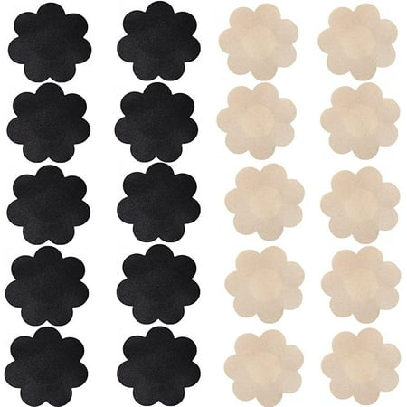 Nippleless Cover  20 Pairs Self-Adhesive Disposable Bra Gel Petals Pad Pasties (Beige 10 Pairs + Black 10 Pairs)