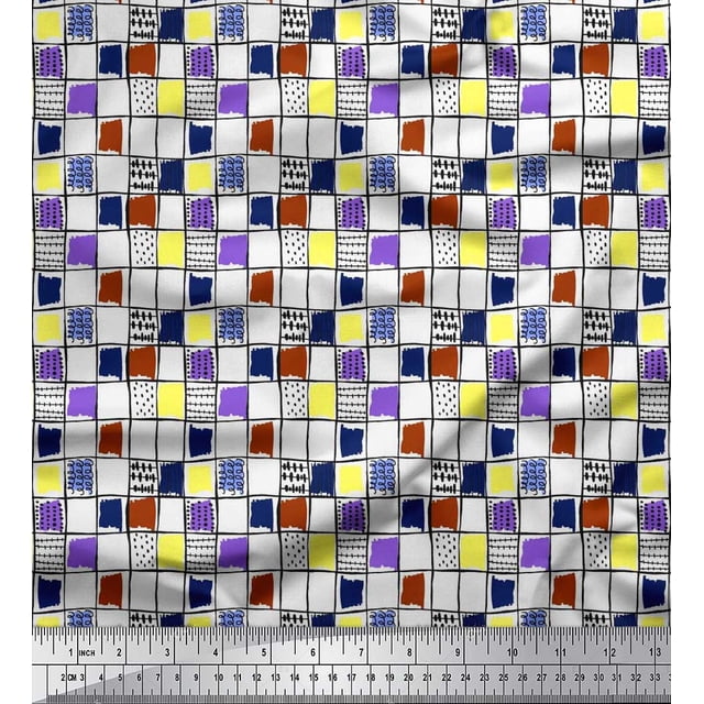 Soimoi Poly Georgette Fabric Check & Brush Stroke Abstract Print Fabric by Yard 42 Inch Wide