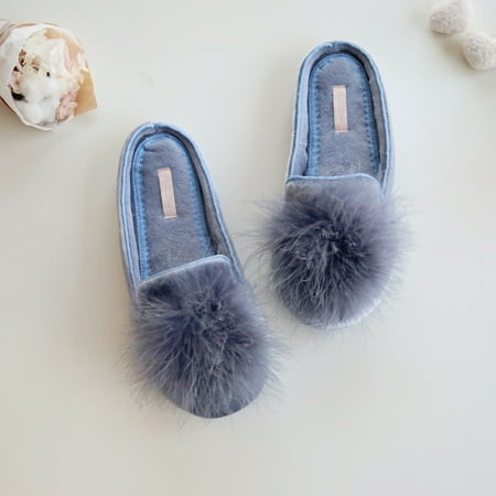 

Women s Feather Puff Velvet Loafer Slippers Grey 8-9