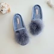 Women's Feather Puff Velvet Loafer Slippers, Grey 8-9