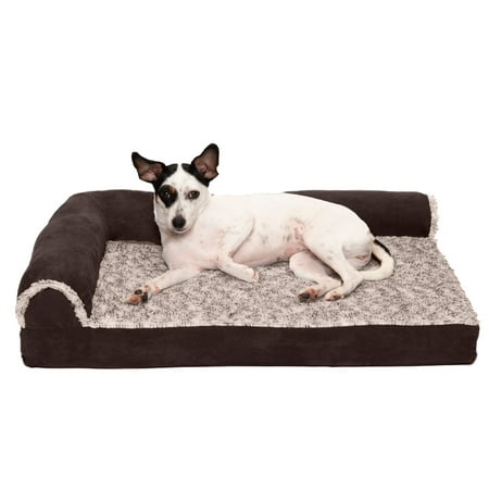 UPC: 0842229107333 | FurHaven Pet Products Two-Tone Faux Fur & Suede Deluxe L-Chaise Memory Top Sofa-Style Pet Bed for Dogs & Cats – Espresso Medium