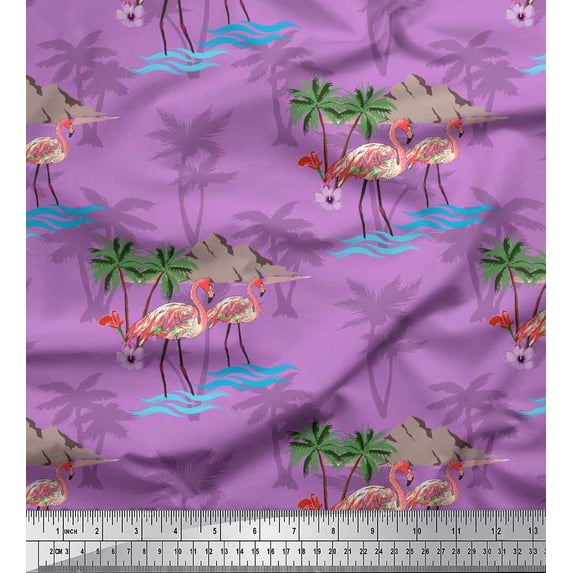 Soimoi Purple Cotton Poplin Fabric Palm Tree, & Flamingo Bird Print Fabric by Yard 42 Inch Wide