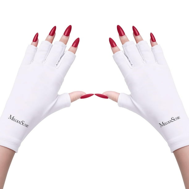 MelodySusie Guantes UV para lámpara de uñas de gel Profesional UPF50+ Guantes de protección UV para manicura Nail Art Cuidado de la piel Guante anti UV sin dedos Protege las manos del daño UV (Blanco)