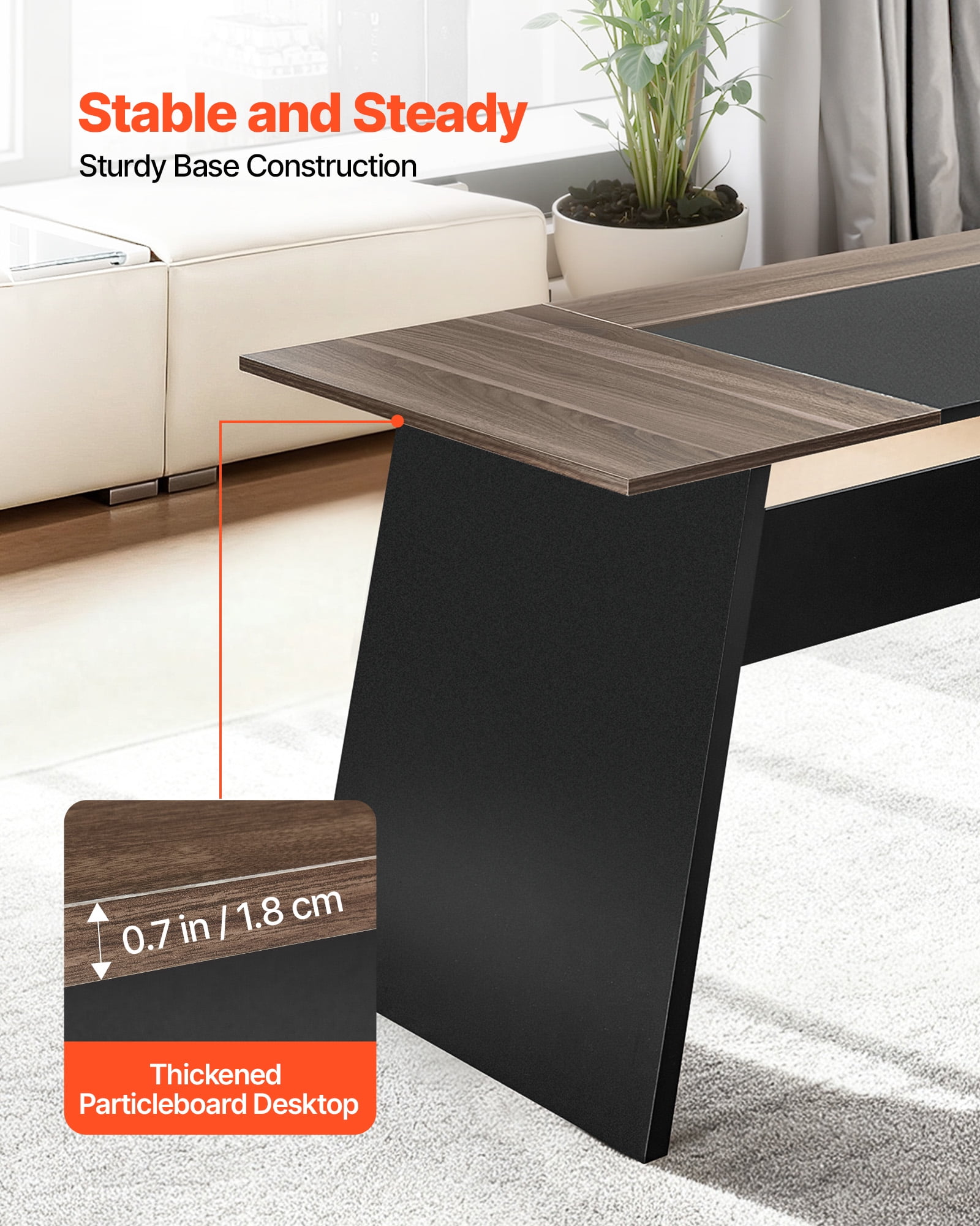 VEVOR L-Shaped Executive Desk, Large Modern Office Table with Drawers and Storage Cabinet, Heavy Duty Wooden Executive Table, 350 LBS Load Capacity, Easy Assembly, for Work Study Writing, Brown+Black