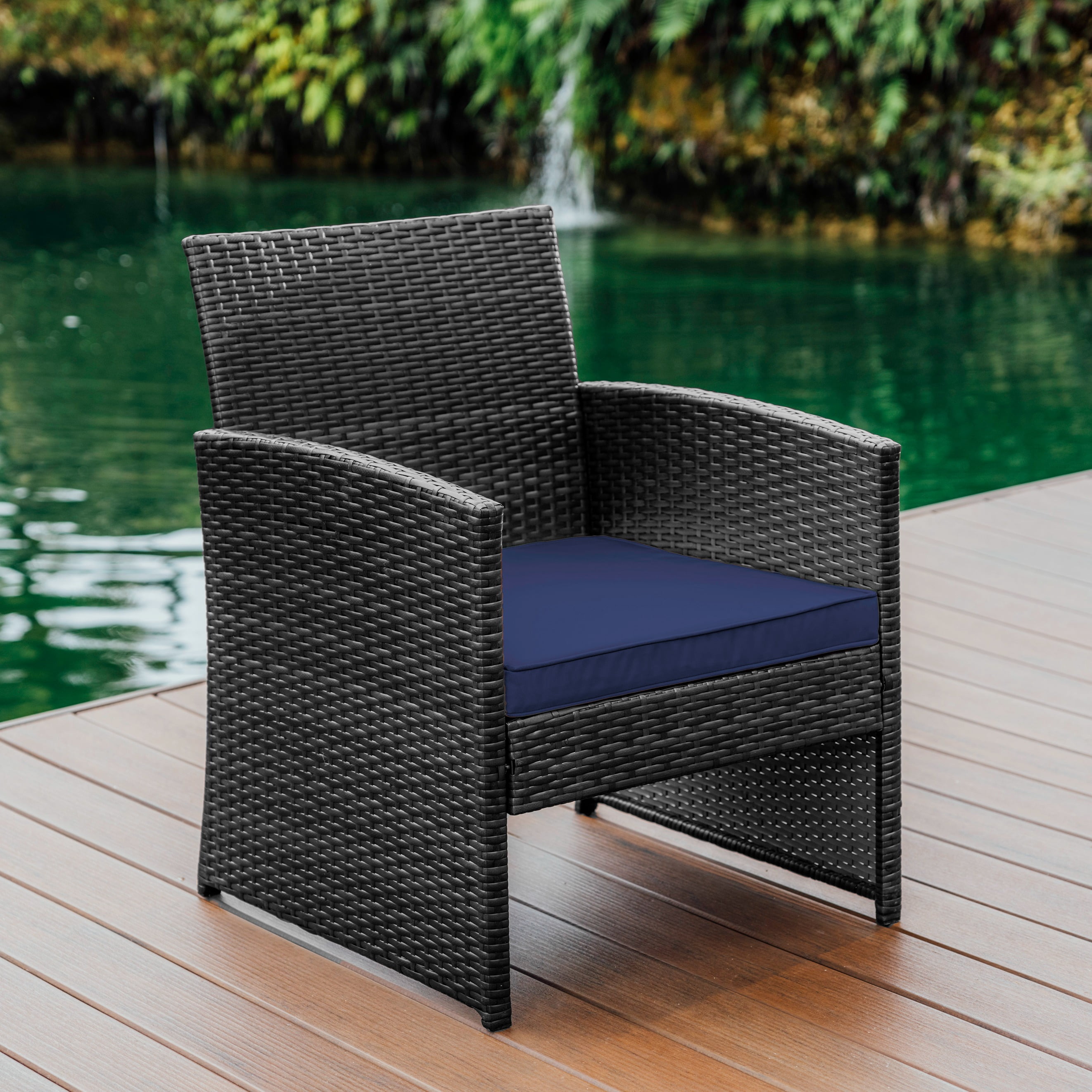 Hearth & Harbor Outdoor Patio Furniture Bistro Set, Wicker 3 Piece Patio Set, Gray with Navy Cushions