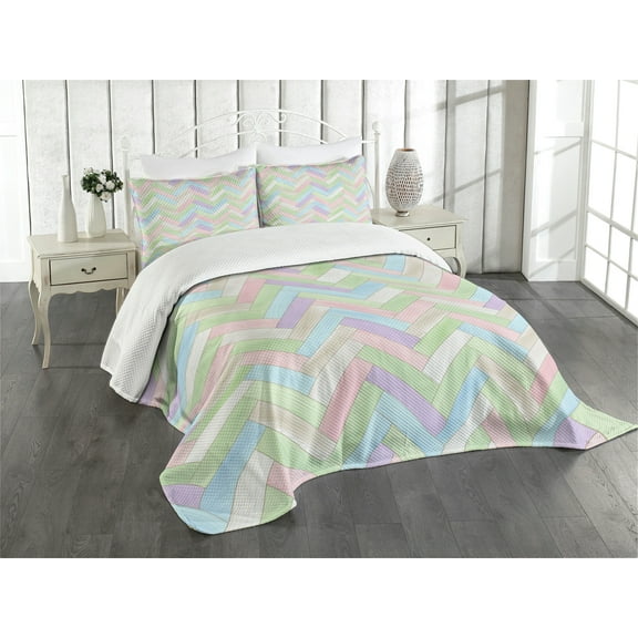 Ambesonne Pastel Quilted Bedspread Set 3 Pcs, Parquet Herringbone Soft, Queen Size, Multicolor