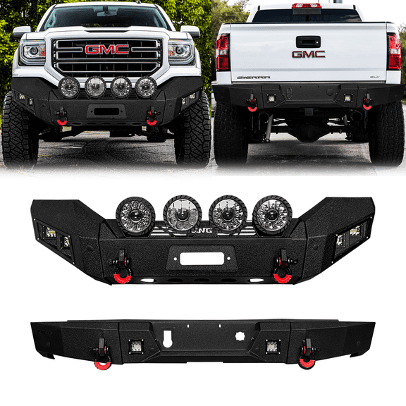 TIOYAR Compatible with 2016-2017-2018 GMC Sierra 1500 Front and Rear Bumper Textured Black Steel with LED Lights and D-rings