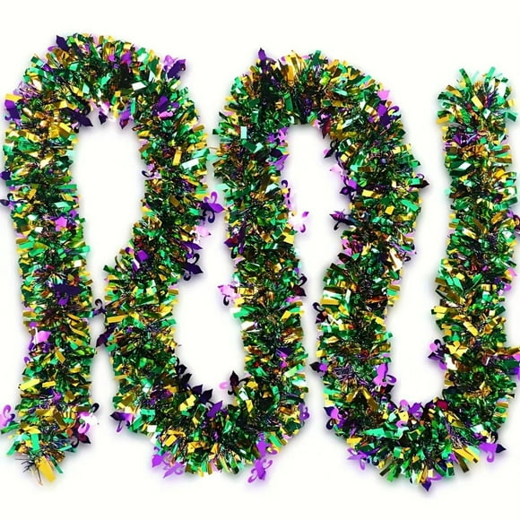 6.5 Feet Mardi Gras Garland Decor,Glitter Tinsel Garland Decorations for Tree Mantle Bedroom Office Classroom Party Indoor Outdoor Float Golf Cart Holiday Home Green Gold Purple (1pc)
