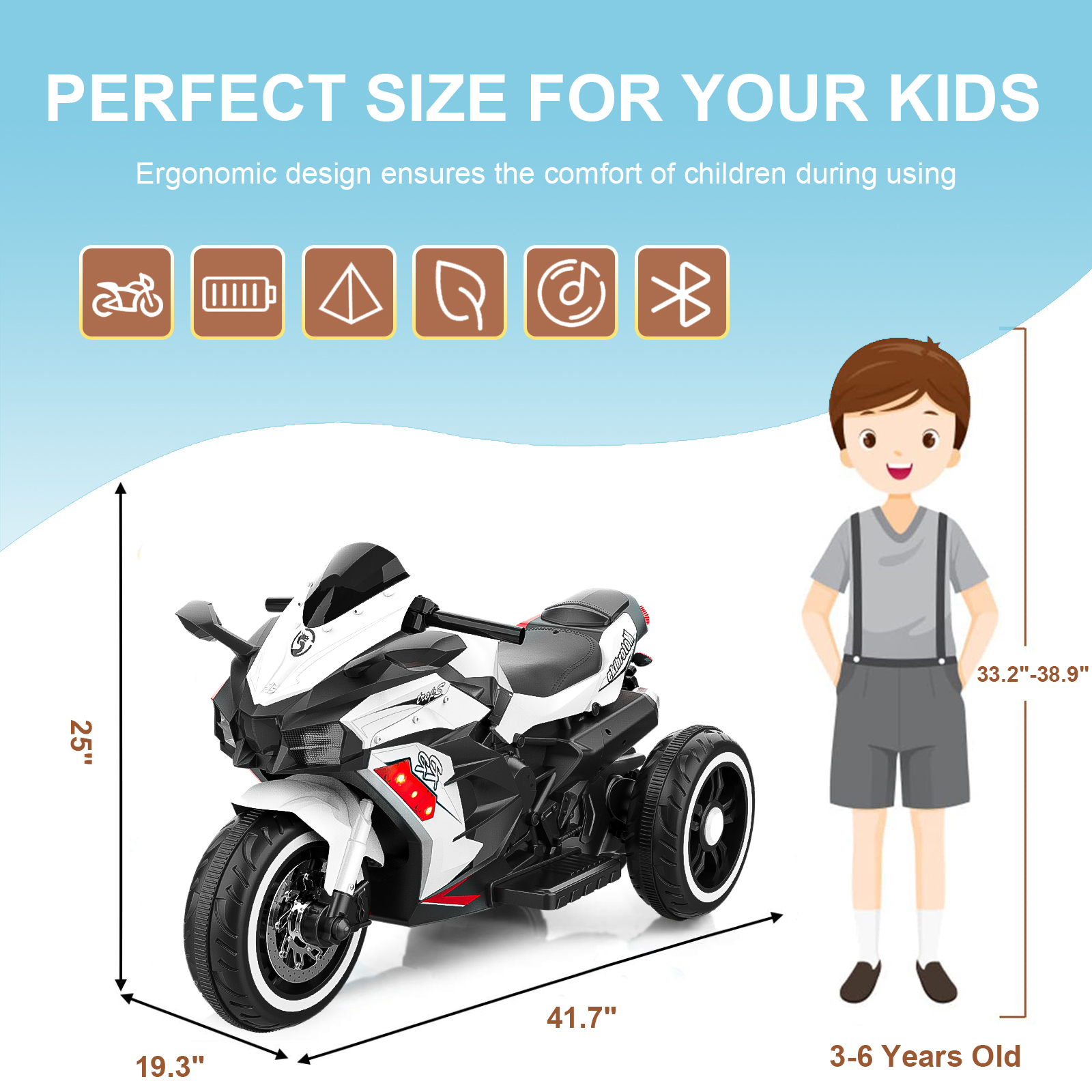 Techvida 12V Kids Electric Motorcycle, Battery Powered Kids Motor Bike 3 Wheels Kids Electric Car for Kids with LED Headlights, White