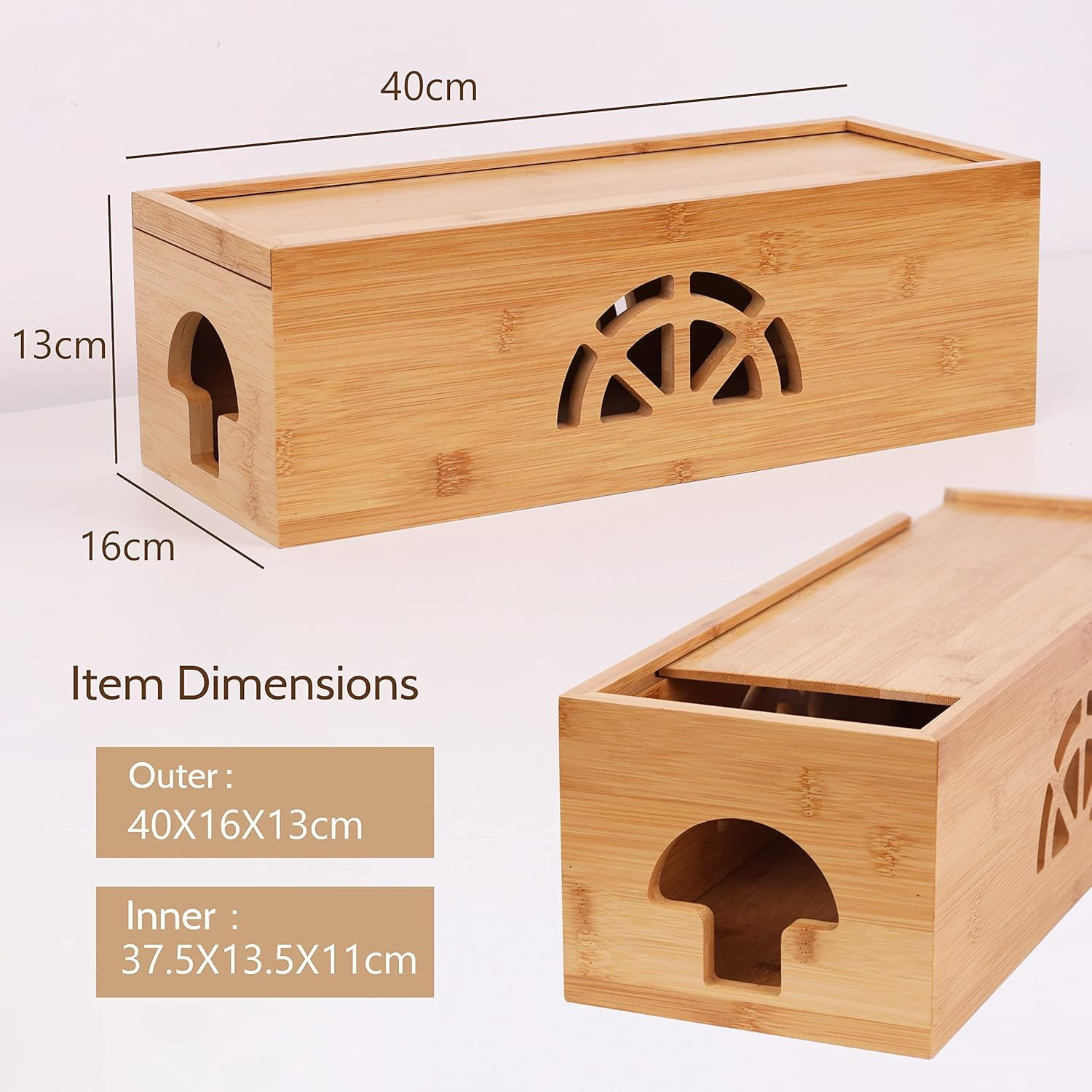 Extra Large Cable Management Box with Lid, Bamboo Cable Box for Cords, Power Strips or Surge Protectors, Hide Loose Wires Behind TVs, Home, Computers, Office Desks by