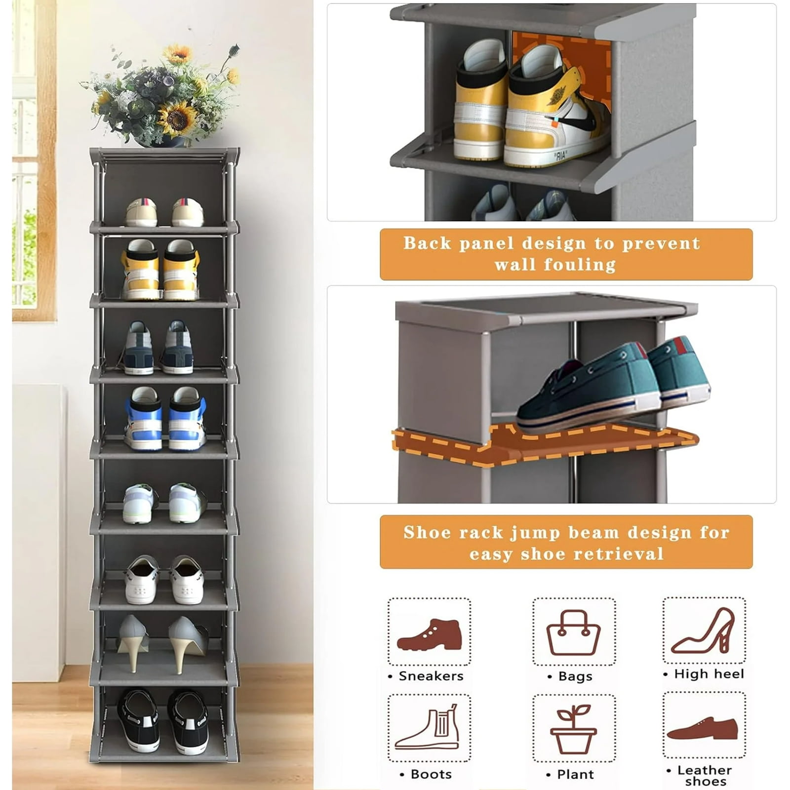 LASIEYO 8 Tiers Shoe Rack, Vertical Narrow Shoe Shelf Storage Organizer Sturdy Space Saving, Tall Narrow Shoe Rack for Entryway Closet Hallway, Grey