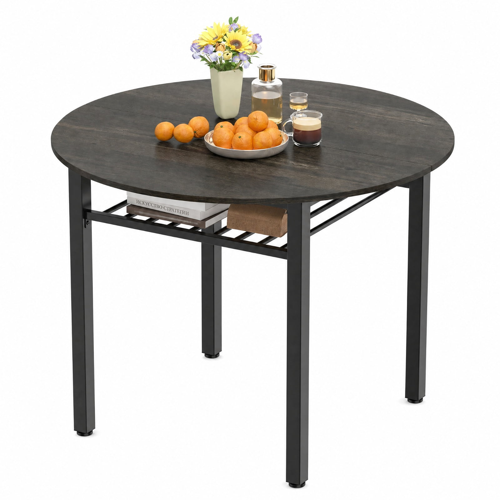 Furnibear 40 Inch Round Kitchen Dining Table with Storage Shelf and Metal Frame