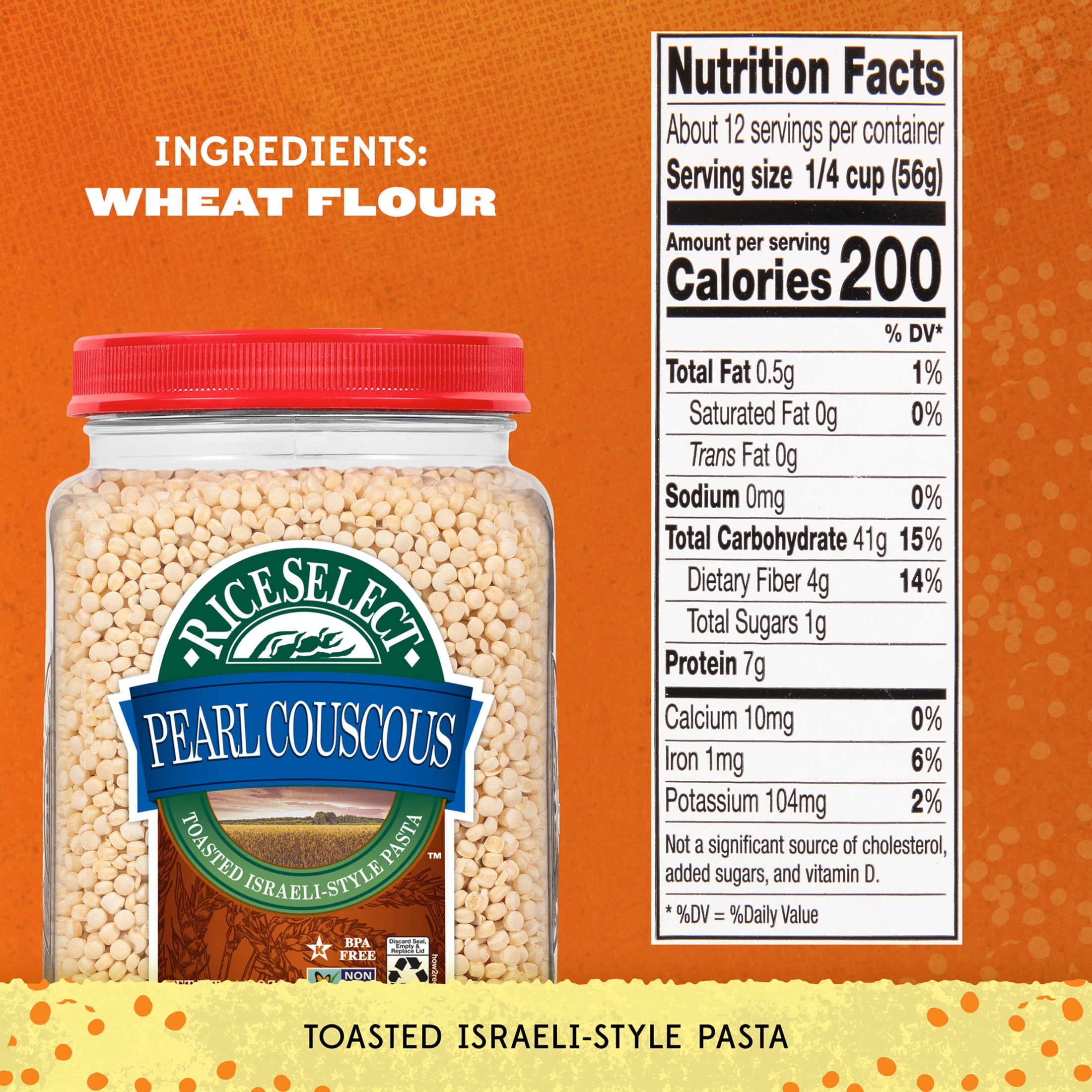 (4 pack) RiceSelect Pearl Couscous, Toasted Israeli-Style Pasta, Non-GMO Verified, 24.5 oz Jar