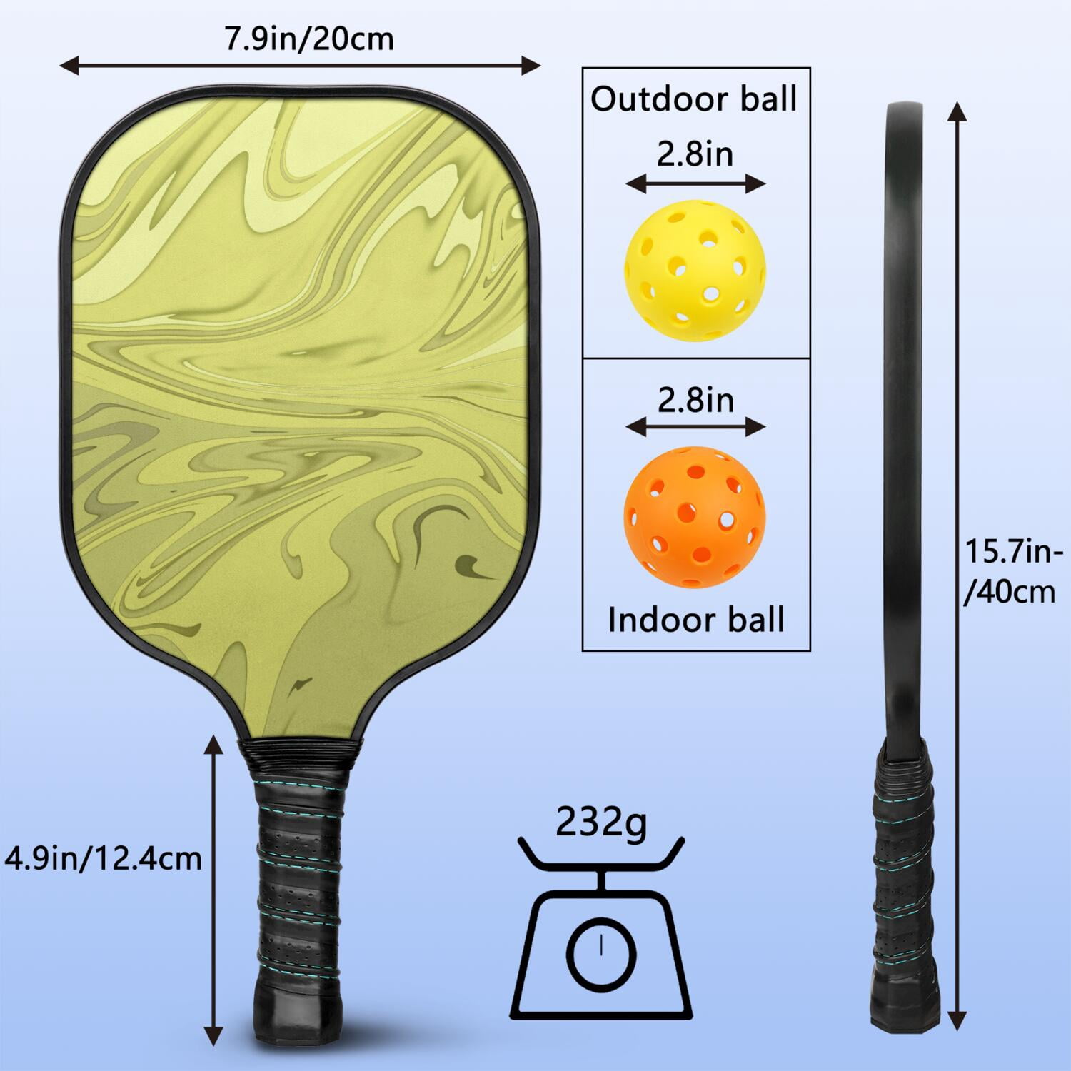 Pickleball Paddles Set Of 2, Fiberglass Surface, Liquid & Marble Print, 4 Balls & Bag