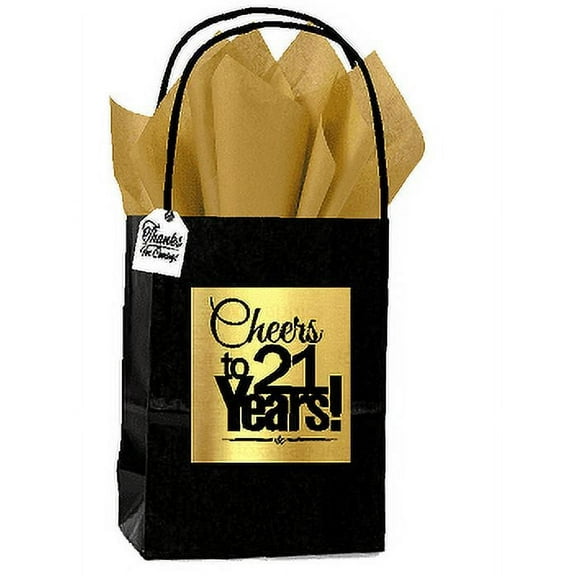 Black & Gold 21st Birthday / Anniversary Cheers Themed Small Party Favor Gift Bags with Tags -12pack