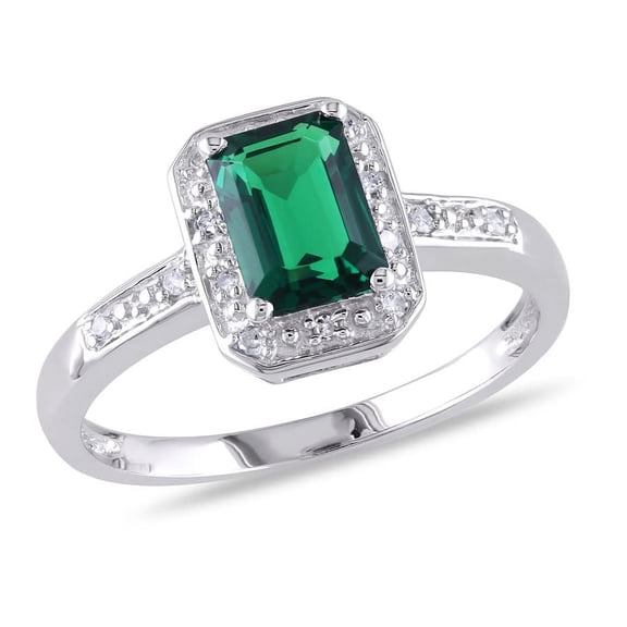 AMOUR Emerald Cut Created Emerald and Diamond Accent Ring In Sterling Silver