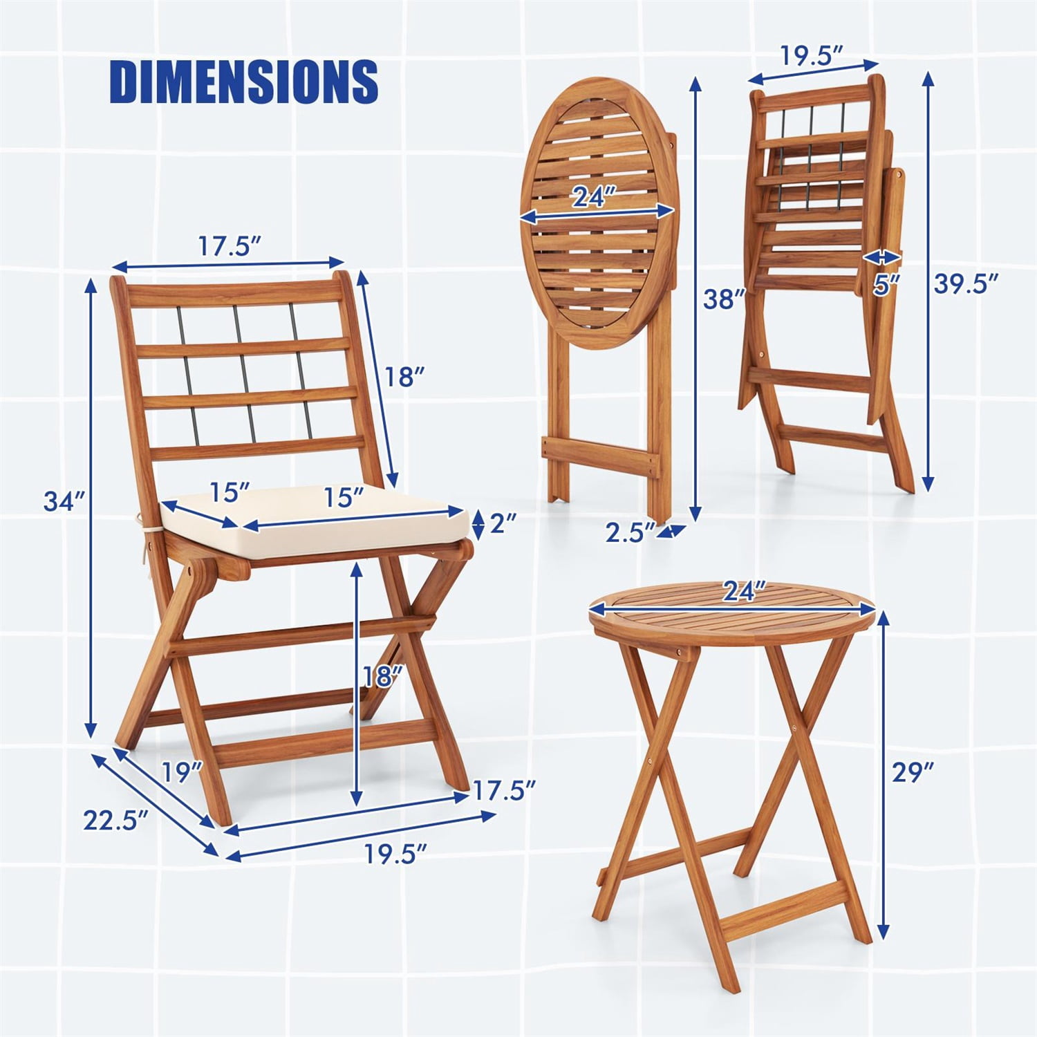 Hommoo 3 Pcs Acacia Wood Patio Bistro Set, Outdoor Folding Table and Chair Set with White Cushions